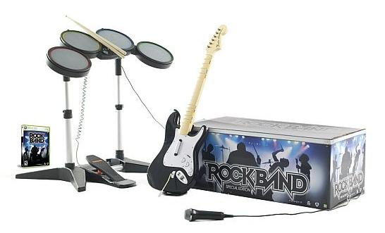 Imagem mostra kit de acessórios do jogo Rock Band, da Harmonix