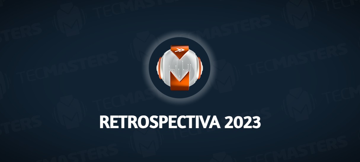 Logo do site TecMasters acomapanhado do texto Retrospectiva 2023 em fundo azul escuro