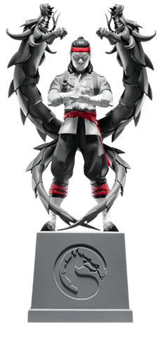 Ilustração em 3D da estatueta de Liu Kang, personagem central de Mortal Kombat 1, que será sorteada na ação Quartas Natalinas da Warner Bros.