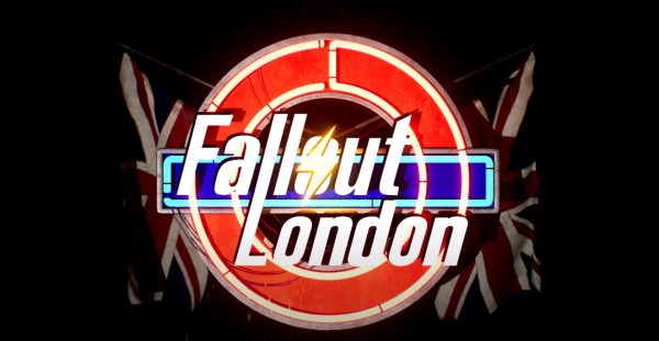 Arte em 3D com o título do jogo Fallout London estilizado