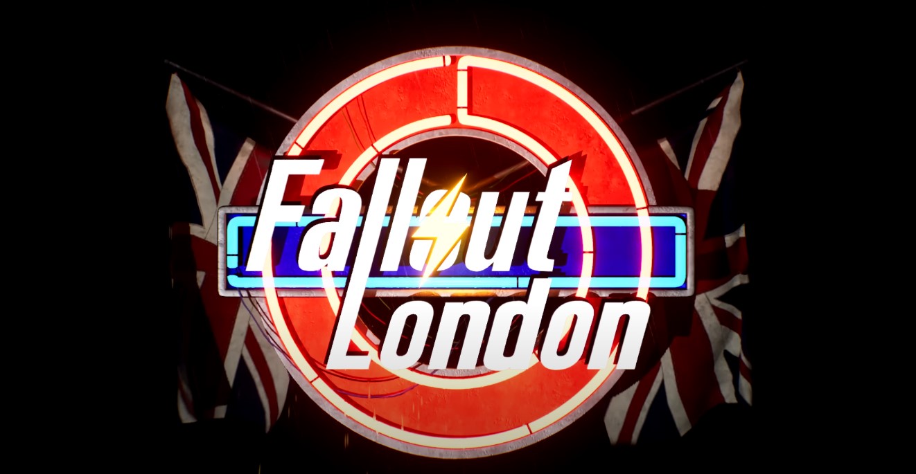 Arte em 3D com o título do jogo Fallout London estilizado