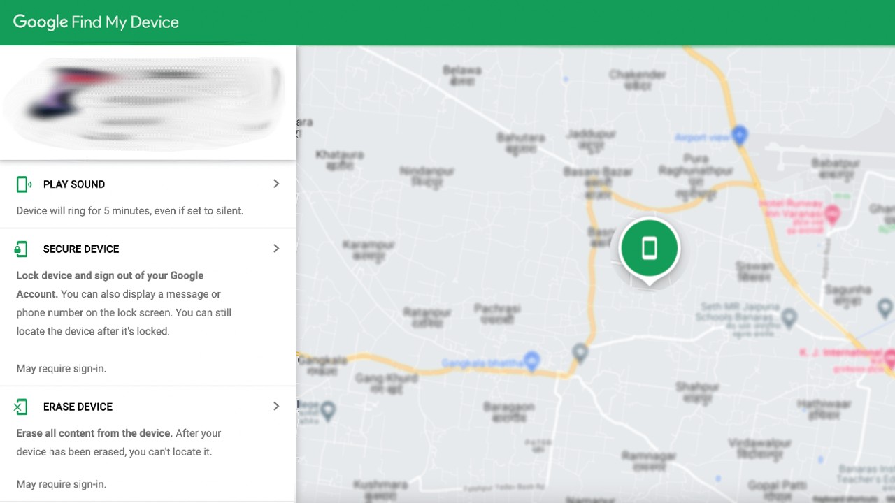 Imagem mostra captura de tela do app de busca de dispositivos do Google, por onde é possível apagar seus dados remotamente
