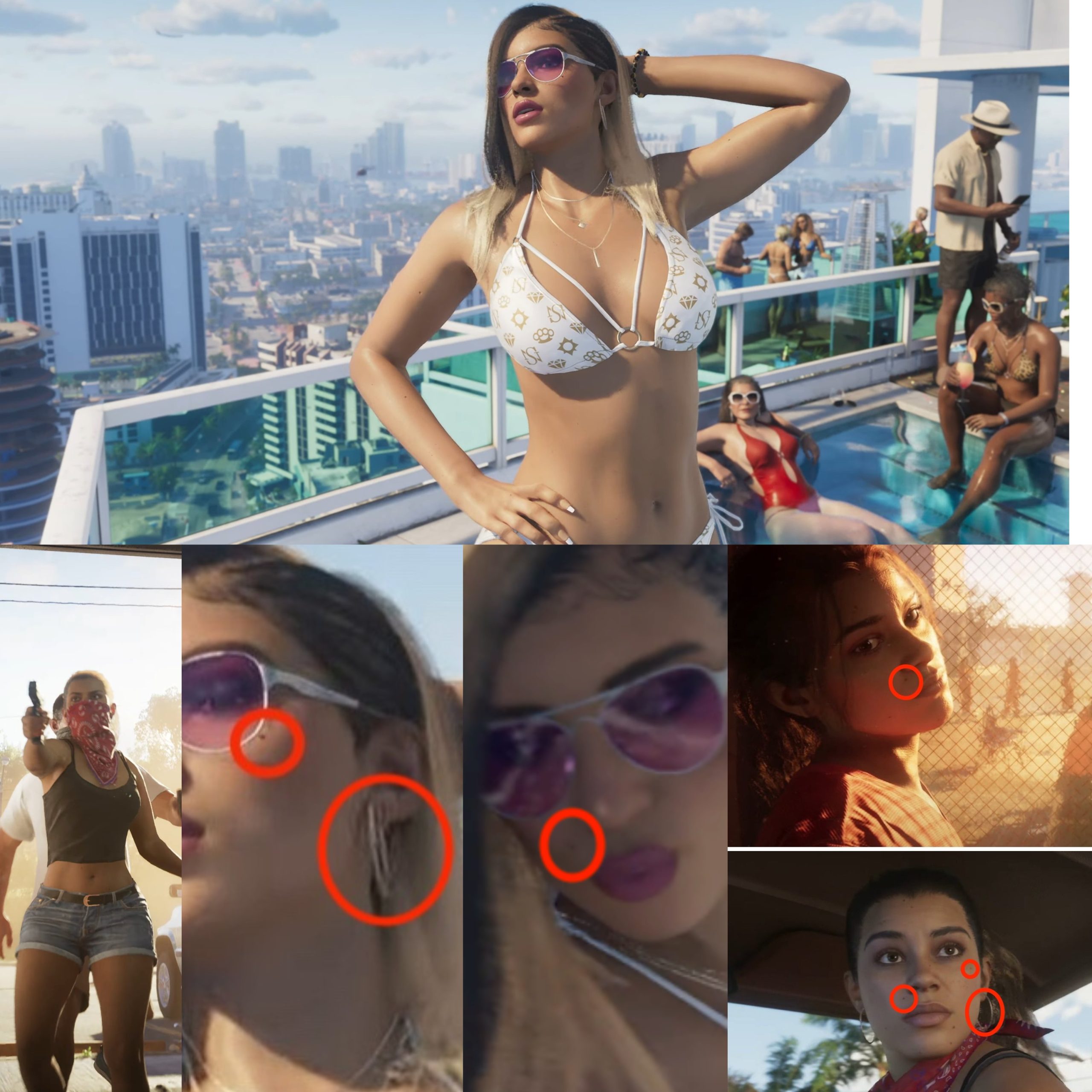 Montagem mostra vários detalhes que supostamente provam que a mulher de biquíni em GTA 6 é a protagonista do jogo, Lucia