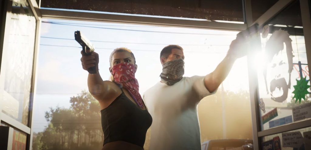 Captura de tela de cena do trailer de GTA 6 mostrando a protagonista Lucia e o seu parceiro no crime