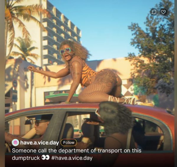 Captura de tela de cena do trailer de GTA 6 mostrando um post nas redes sociais