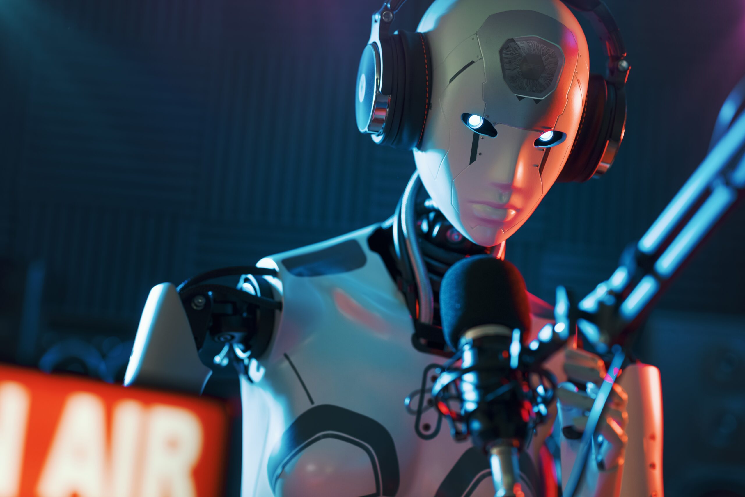 Ilustração mostra um robô falando a um microfone, simbolizando voz gerada por IA